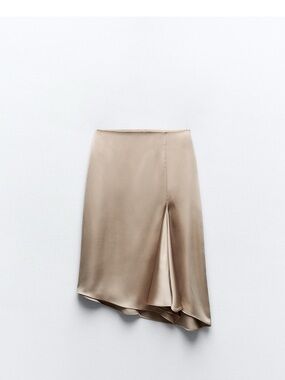 Zara Satin Asymmetrical Beige Skirt with Front Pleat